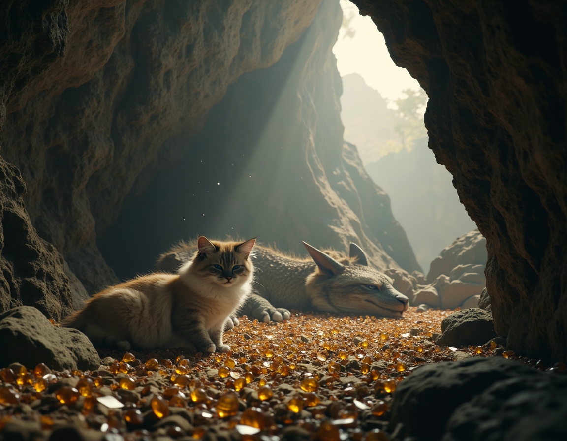 Cat explores a hidden cavern where a dragon slumbers among piles of glittering gems. Subtle beams of light illuminate the cat’s cautious journey through this fantastical realm.